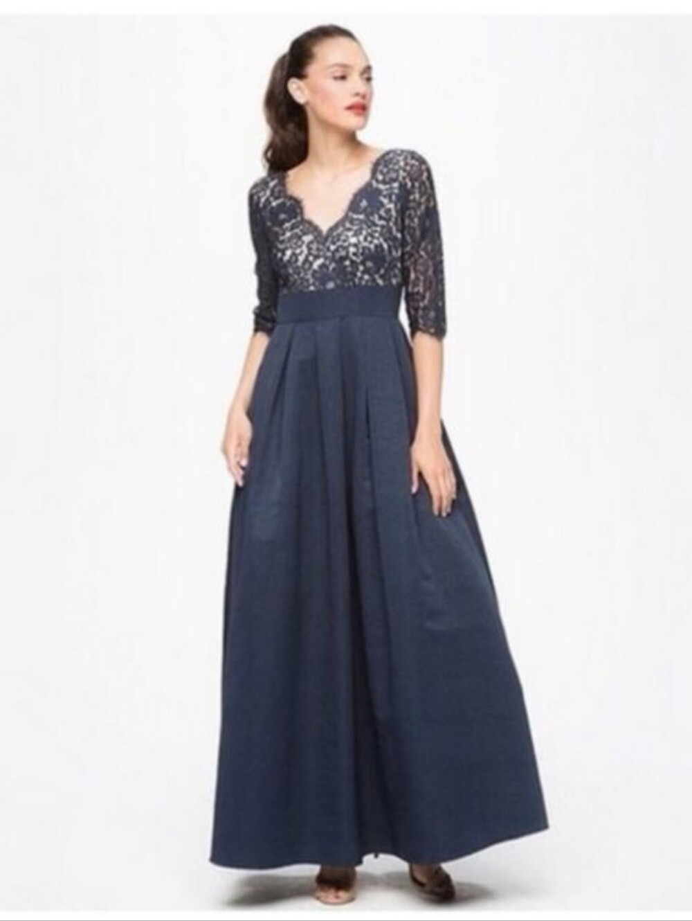 Navy Lace Bodice Maxi Dress - Women's Elegant Evening Gown